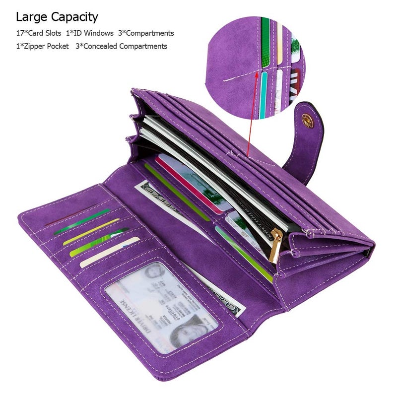 Cynure Women's Vegan Leather 17 Card Slots Card Holder Long Big Bifold Wallet Purple - Image 2